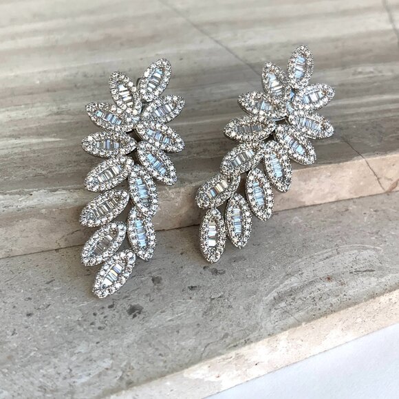 NEW ~ Anthropologie Pavé X Baguette Fancy Flower Drop Stud Silver Earrings - Picture 8 of 14
